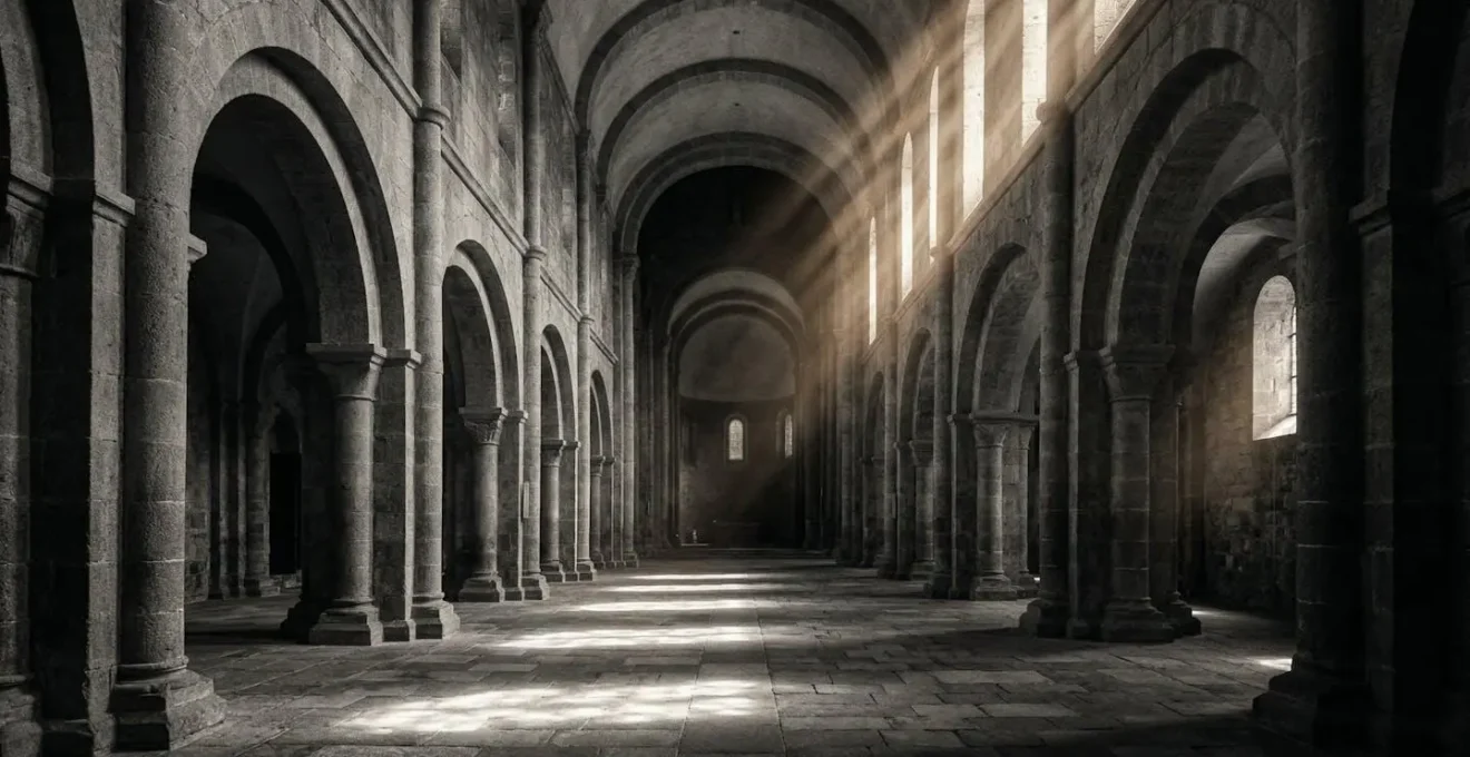 Vue intérieure de l'Abbaye Saint-Hilaire montrant les arches romanes baignées de lumière naturelle