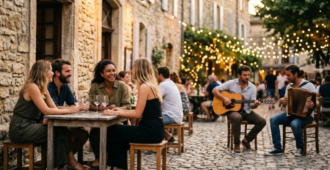 Scène de rue animée avec jeunes dans un quartier historique provençal en soirée