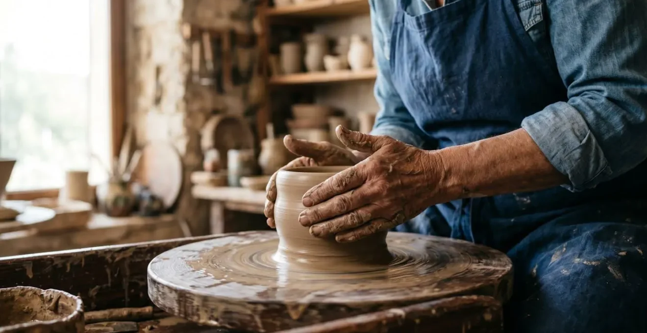 Potier provençal travaillant sur un tour dans son atelier traditionnel