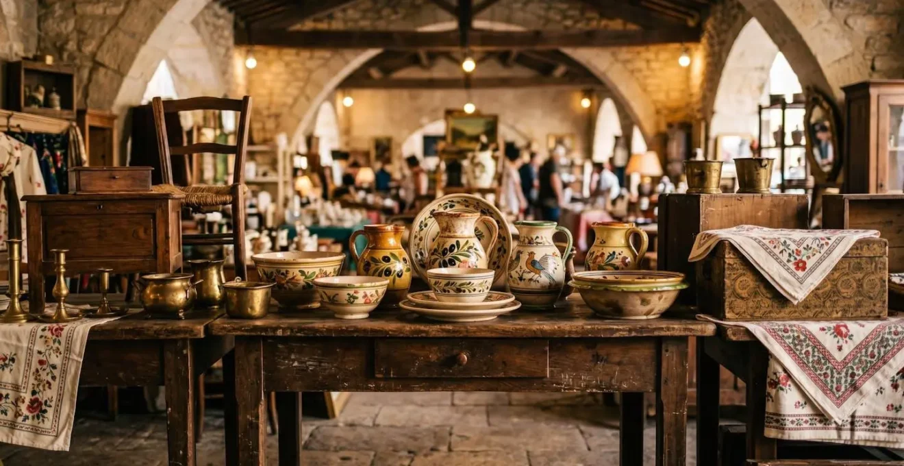 Intérieur d'une brocante provençale avec objets anciens sous éclairage tamisé