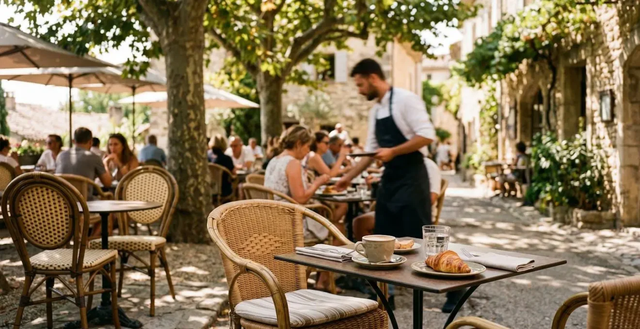 Terrasse de café provençal typique avec tables ombragées sous platanes