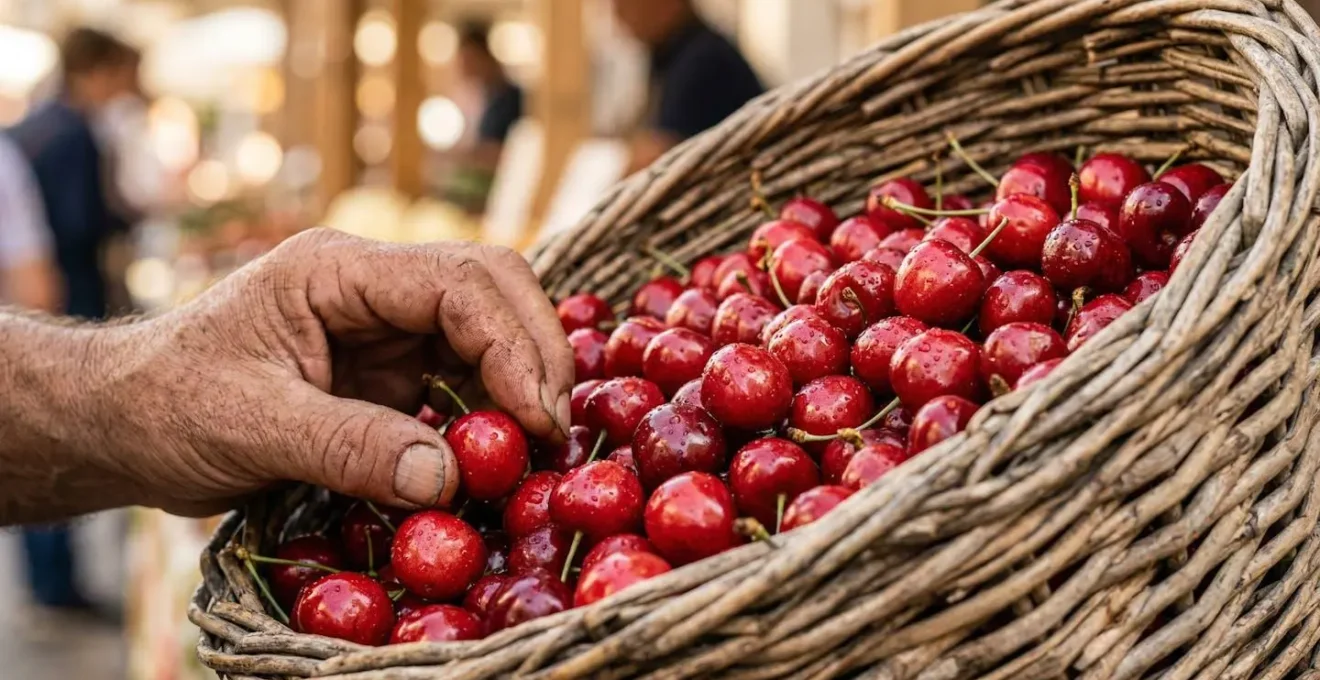 Cagettes de cerises rouges brillantes sur un étal de marché provençal avec des mains qui sélectionnent