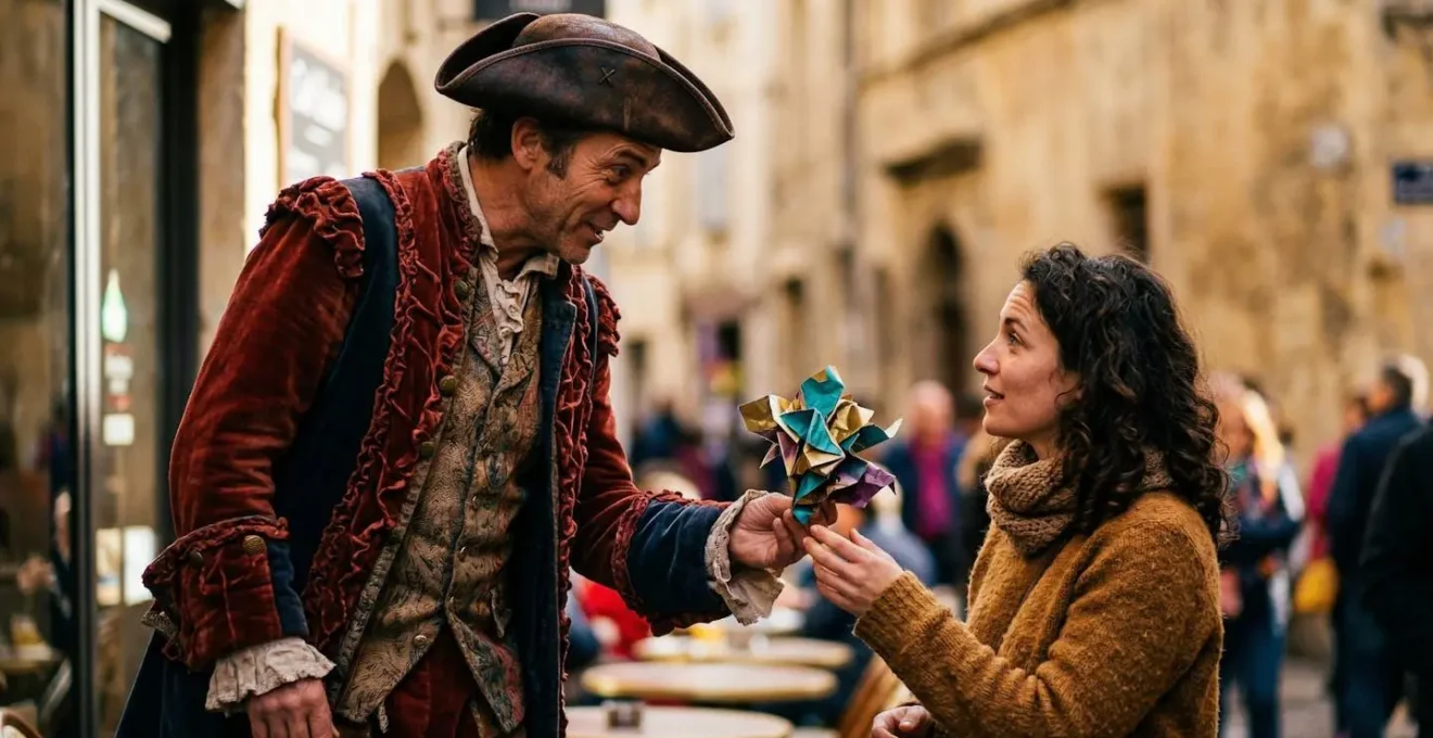 Comédien en costume d'époque distribuant des flyers dans une rue d'Avignon