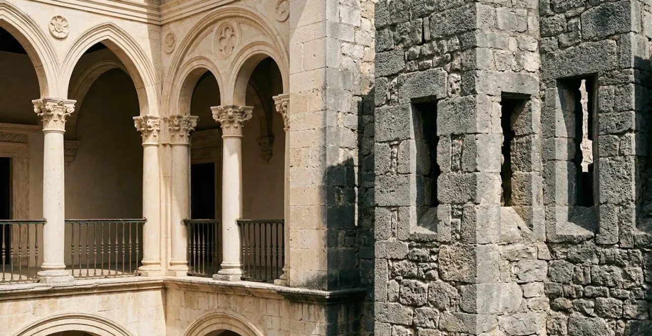 Vue comparative montrant les styles architecturaux distincts des châteaux Renaissance et médiéval du Luberon