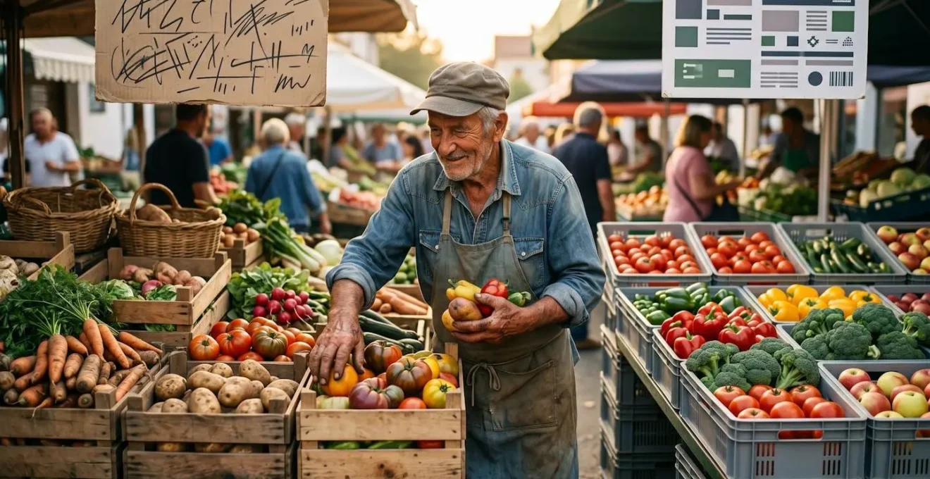 Vue comparative de deux étals de marché montrant les différences entre producteur authentique et revendeur