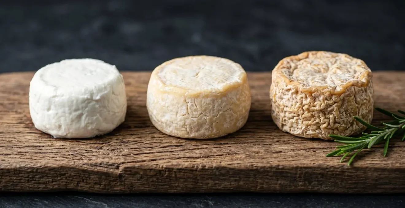 Trois stades d'affinage de fromages de chèvre provençaux sur planche de bois