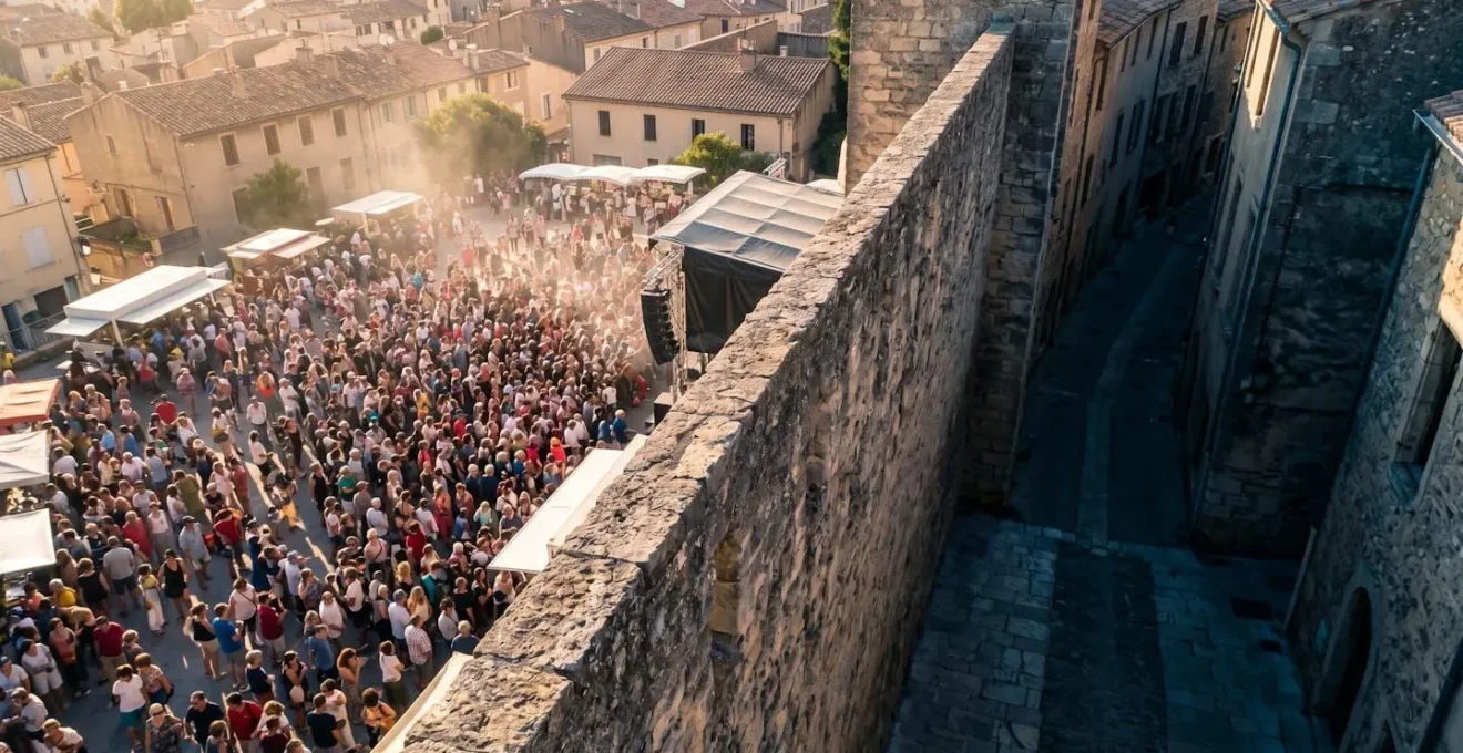 Vue aérienne contrastée montrant une place bondée et une ruelle calme adjacente