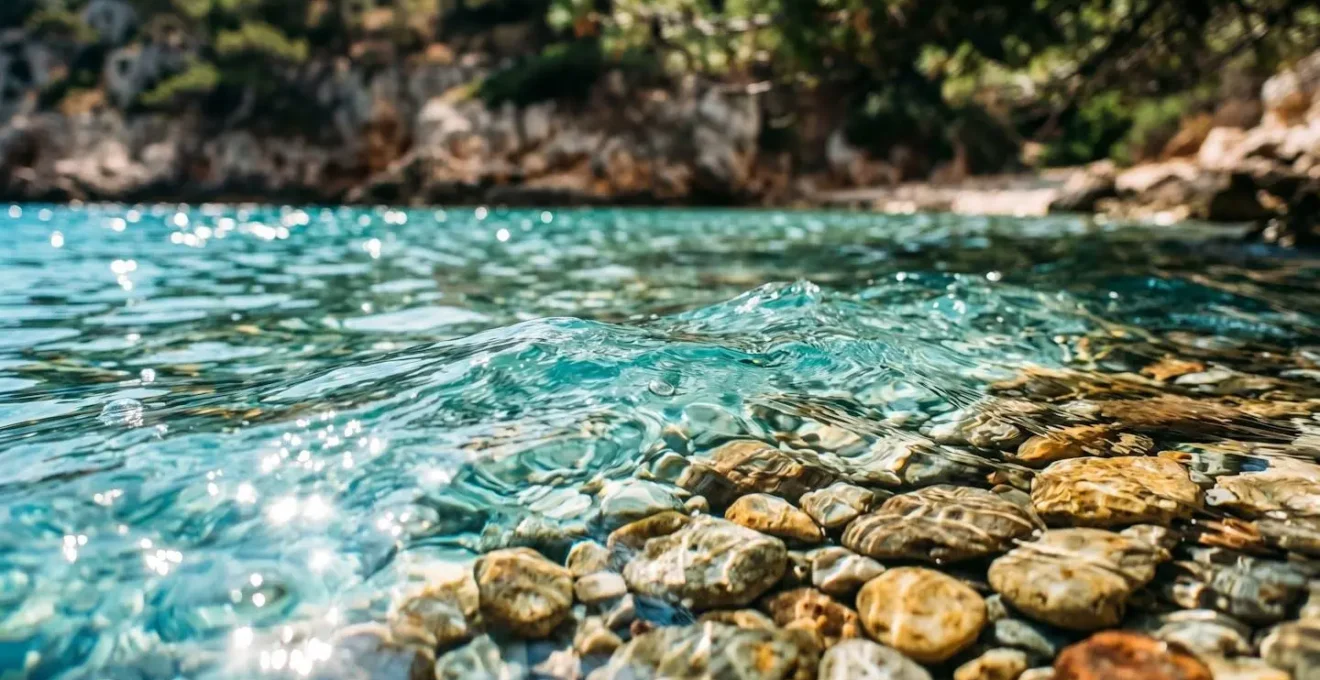 Crique isolée du lac de Sainte-Croix avec eaux turquoises cristallines entourée de falaises calcaires et pins parasols
