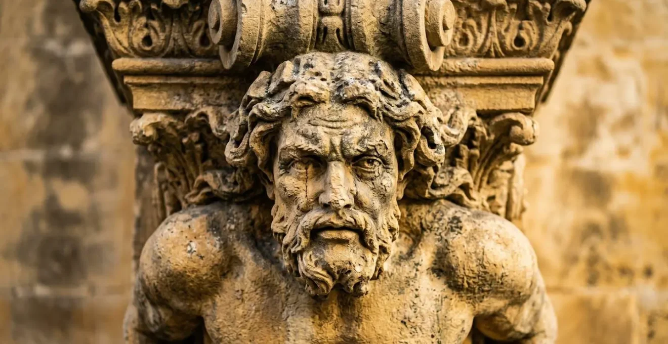 Détail macro d'un atlante sculpté en pierre de Rognes sur une façade baroque
