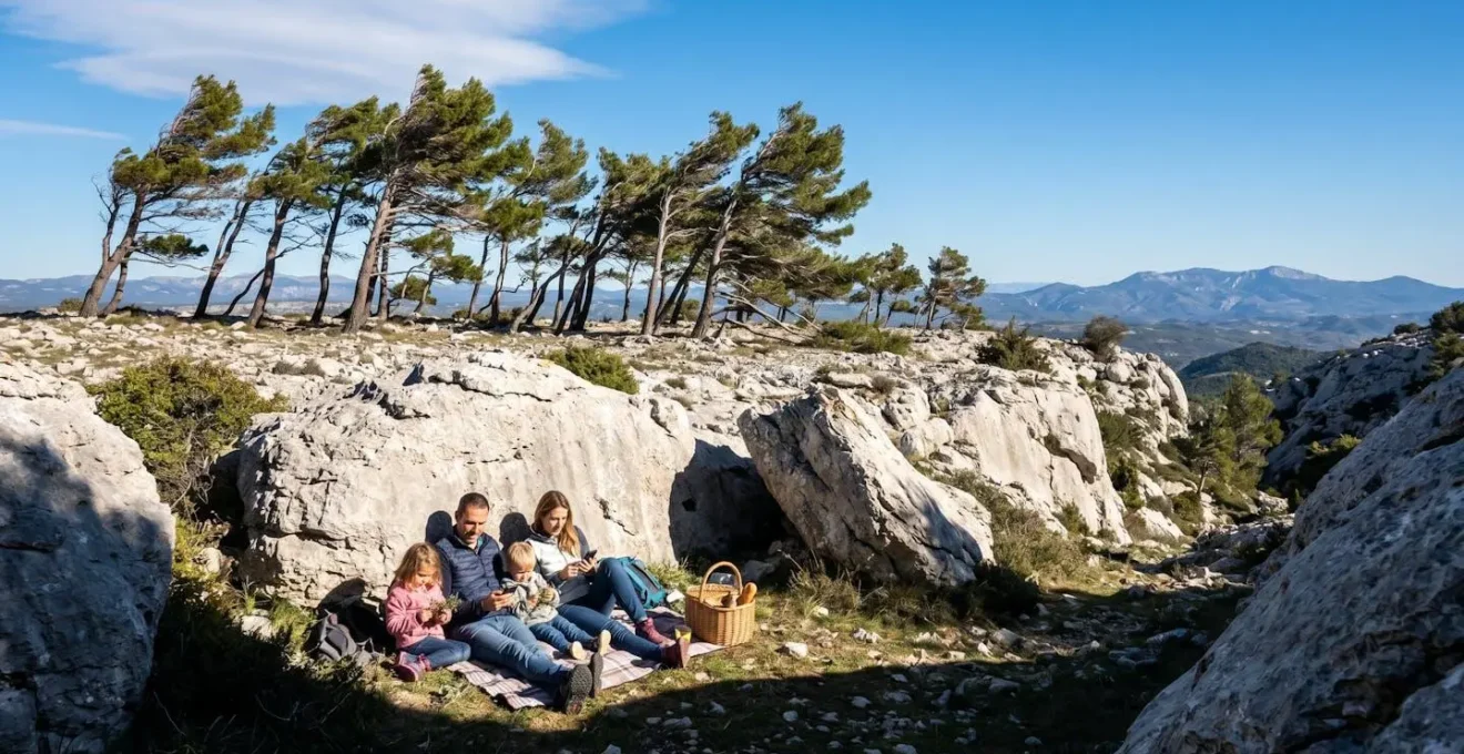 Famille à l'abri du Mistral dans un vallon des calanques