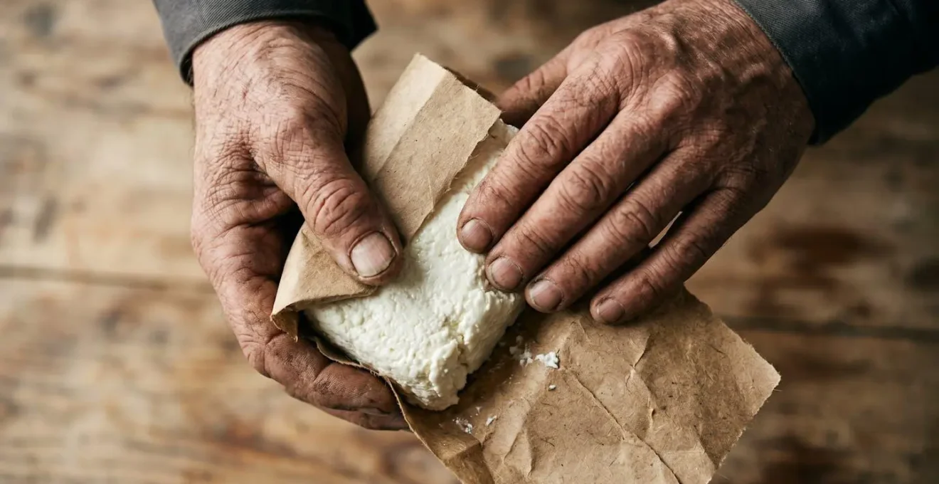 Gros plan sur les mains d'un producteur emballant les derniers fromages de chèvre dans du papier kraft