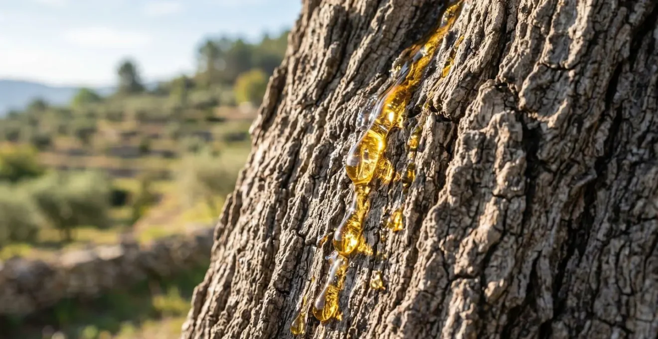 Paysage provençal montrant un olivier centenaire avec des gouttelettes d'huile dorée en macro