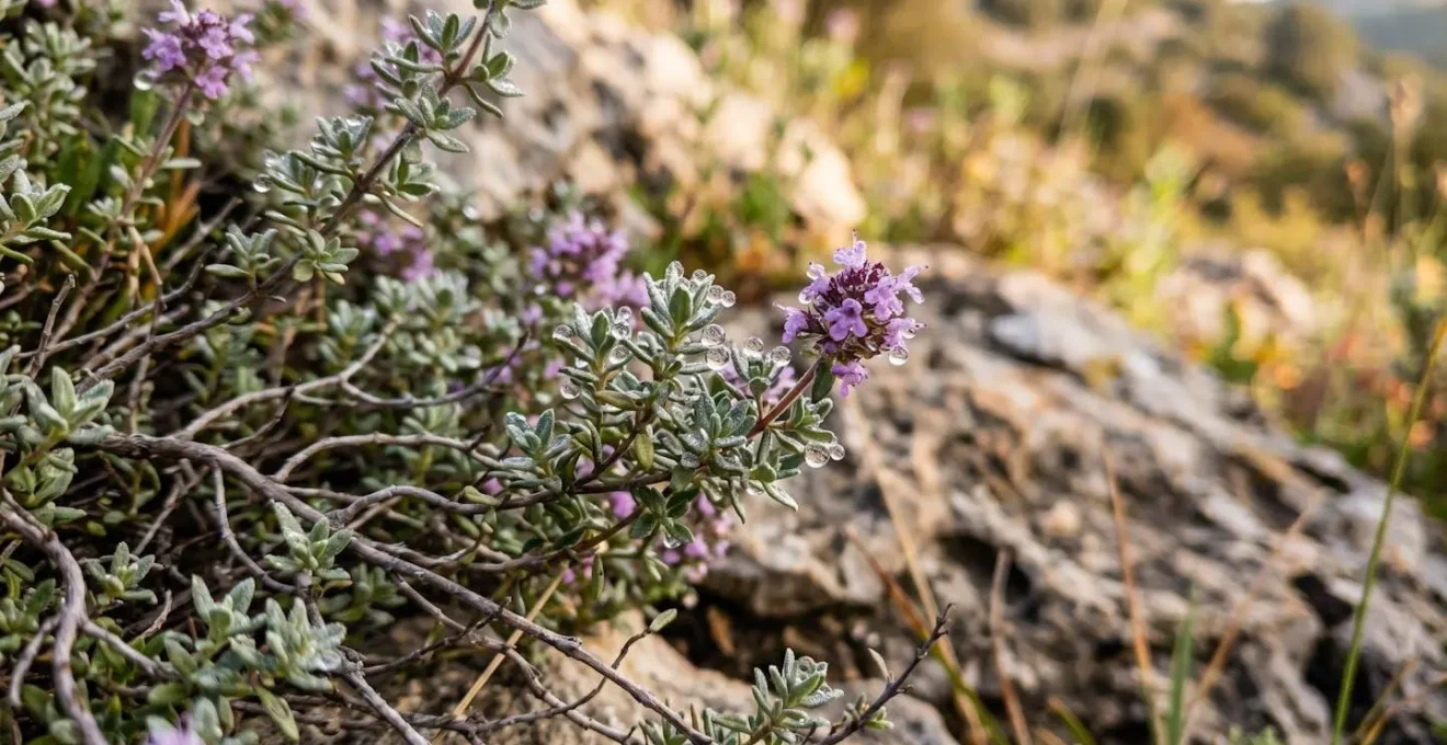 Gros plan sur les feuilles et fleurs caractéristiques du thym sauvage dans son milieu naturel
