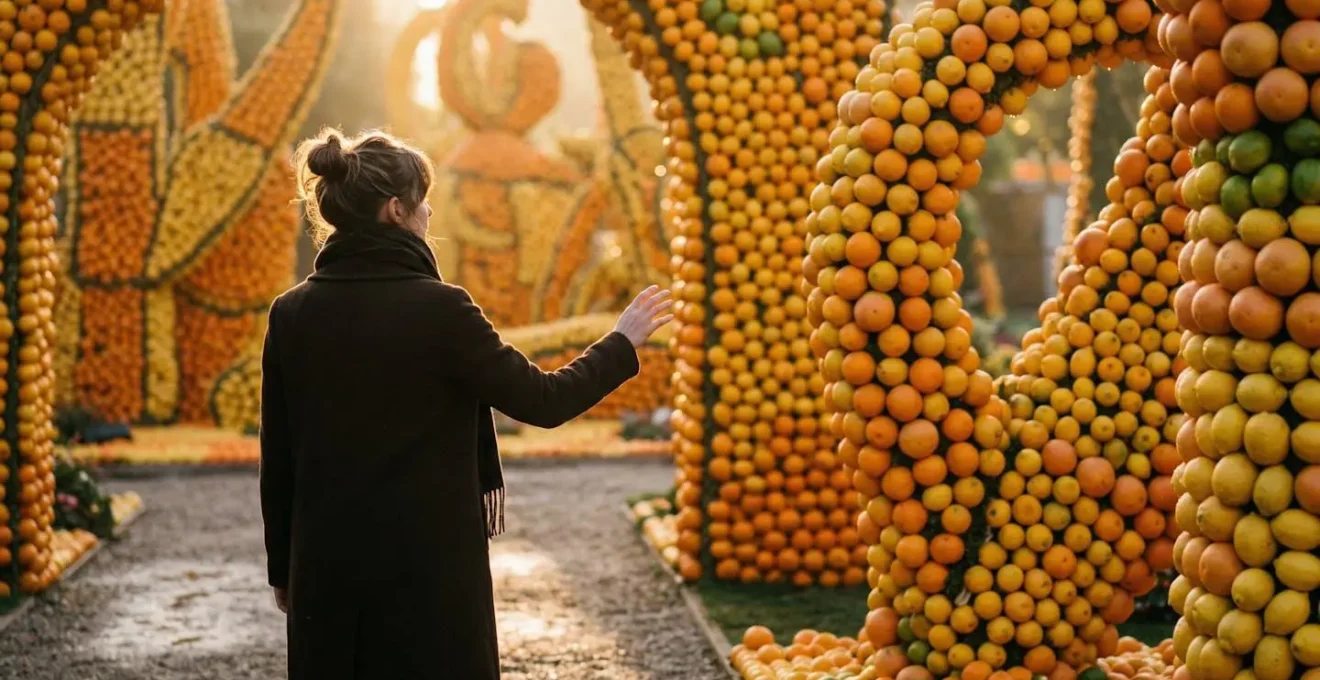 Jardins Biovès avec sculptures d'agrumes éclairées par lumière dorée du matin
