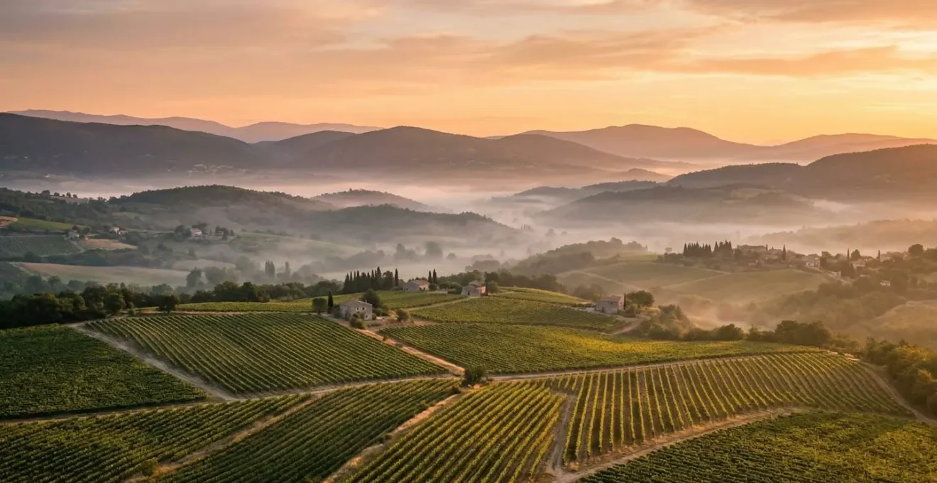 Paysage du Luberon baigné dans la lumière rasante d'automne avec les vignes en premier plan
