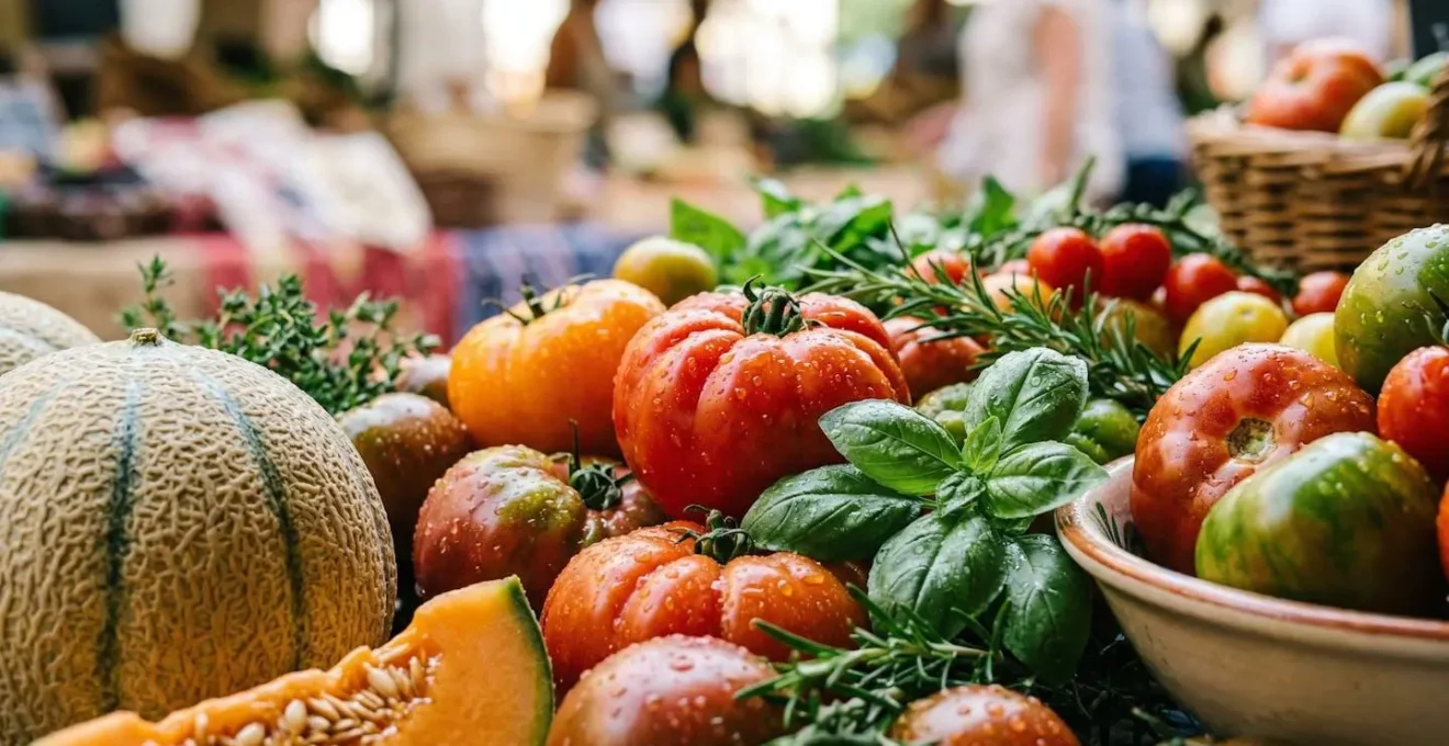 Étal coloré de fruits et légumes frais aux Halles d'Avignon avec lumière naturelle