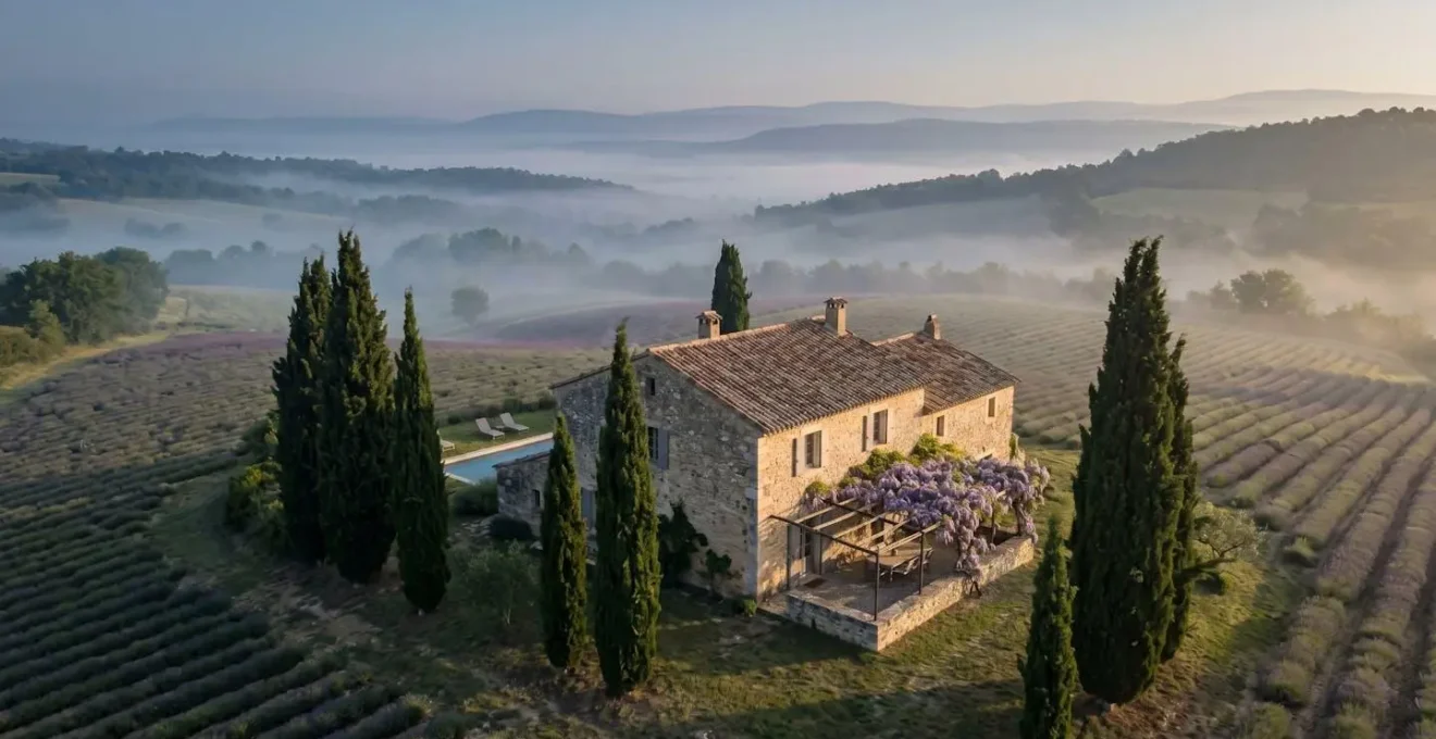 Mas provençal isolé avec piscine privée entouré de cyprès et champs de lavande, terrasse ombragée pour deux personnes