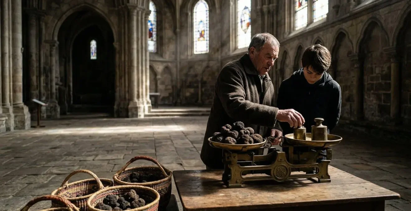 Balance ancienne pesant des truffes noires dans l'atmosphère solennelle de l'église de Richerenches