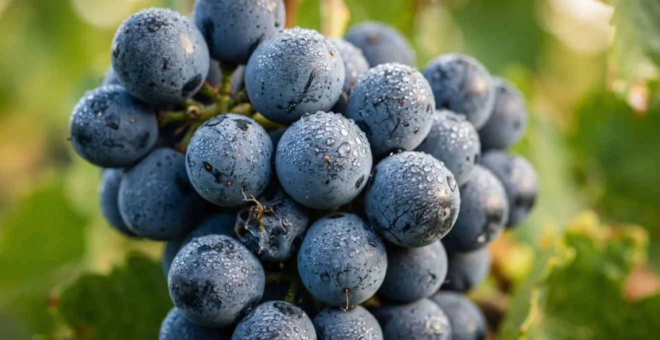 Gros plan sur une grappe de Mourvèdre aux baies noires bleutées avec texture visible des peaux