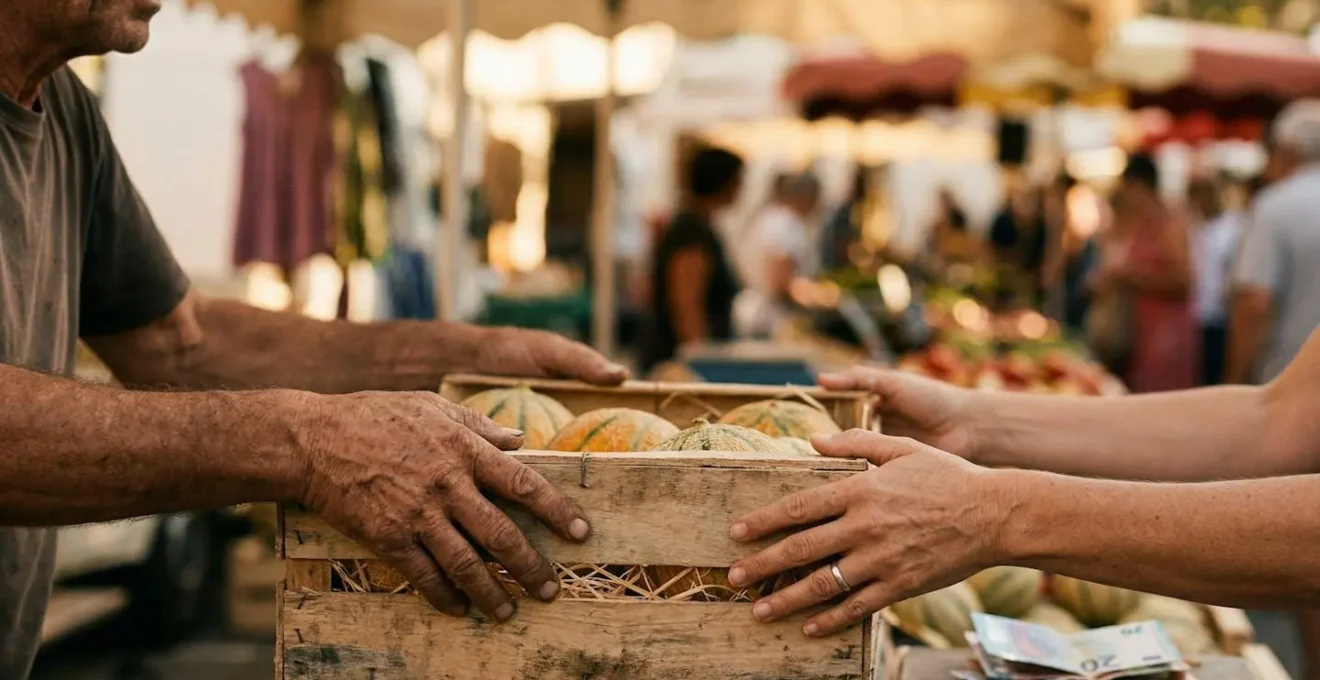 Mains échangeant une cagette complète de melons sur un marché provençal avec billets flous en arrière-plan