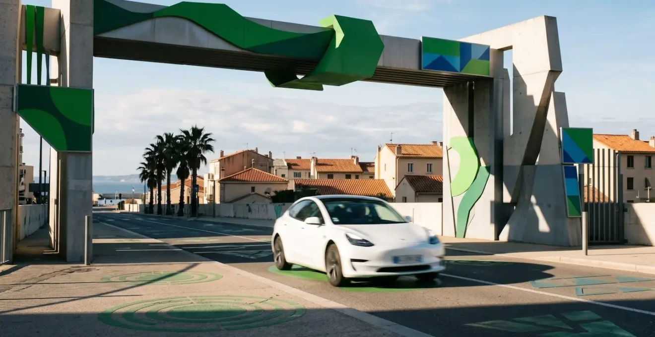 Panneau de signalisation ZFE à l'entrée de Marseille avec voiture électrique passant sans restriction