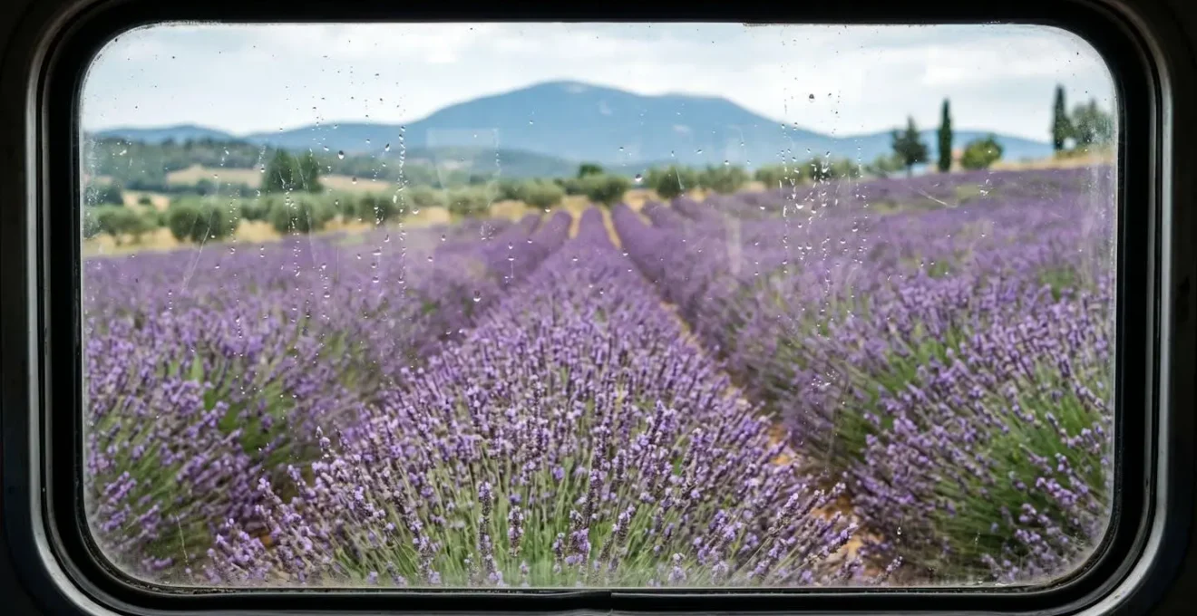 Vue depuis la fenêtre d'un train traversant les paysages provençaux avec champs de lavande et Mont Ventoux au loin