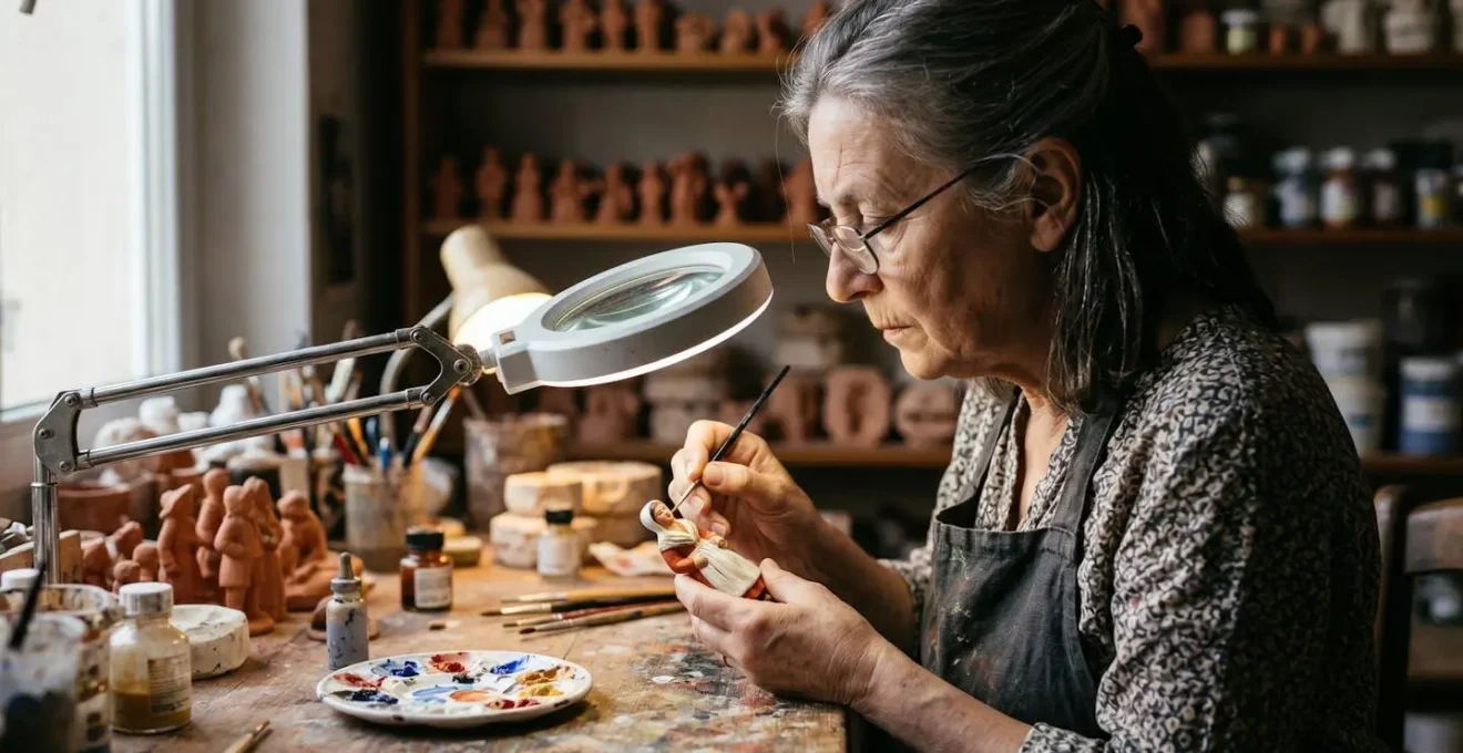 Gros plan sur un artisan peignant délicatement les yeux d'un santon avec un pinceau ultra-fin