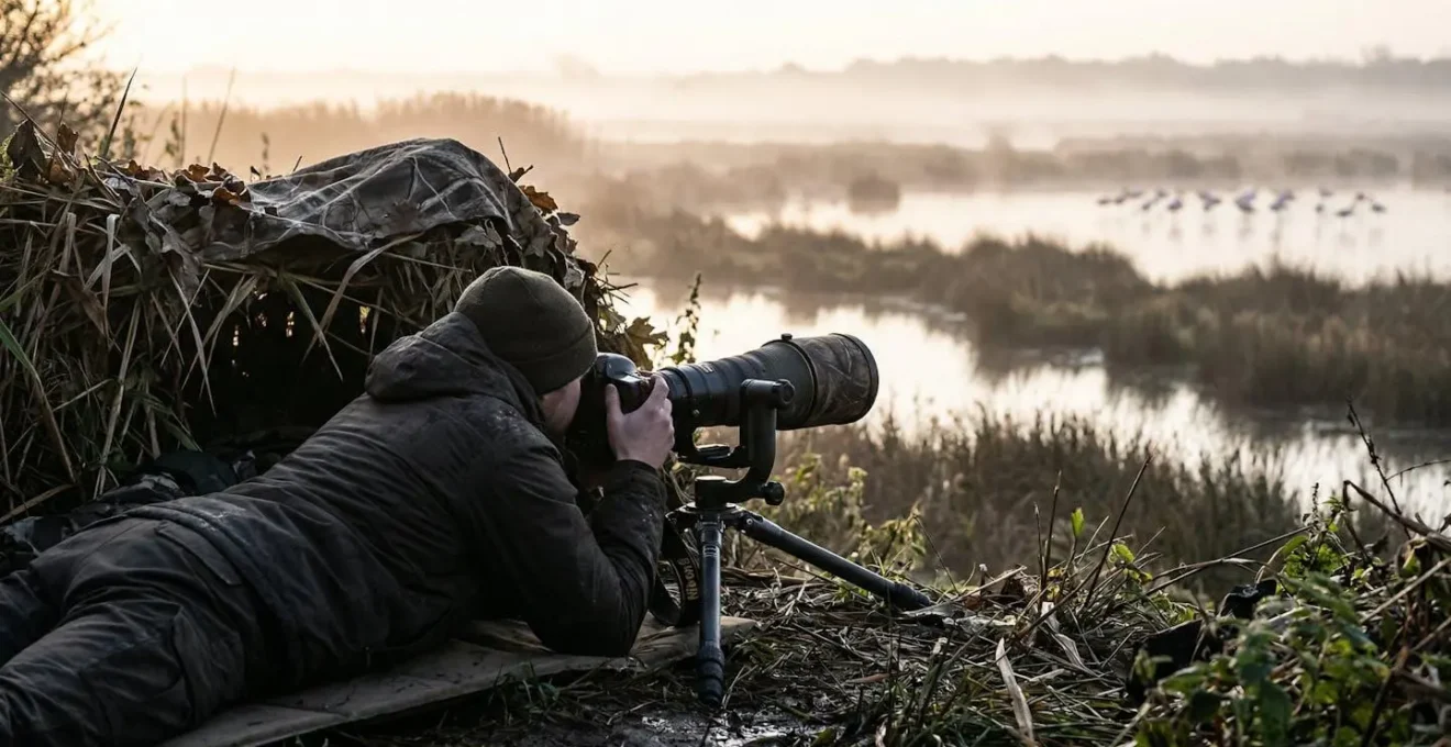 Photographe naturaliste en affût observant des flamants roses avec un téléobjectif