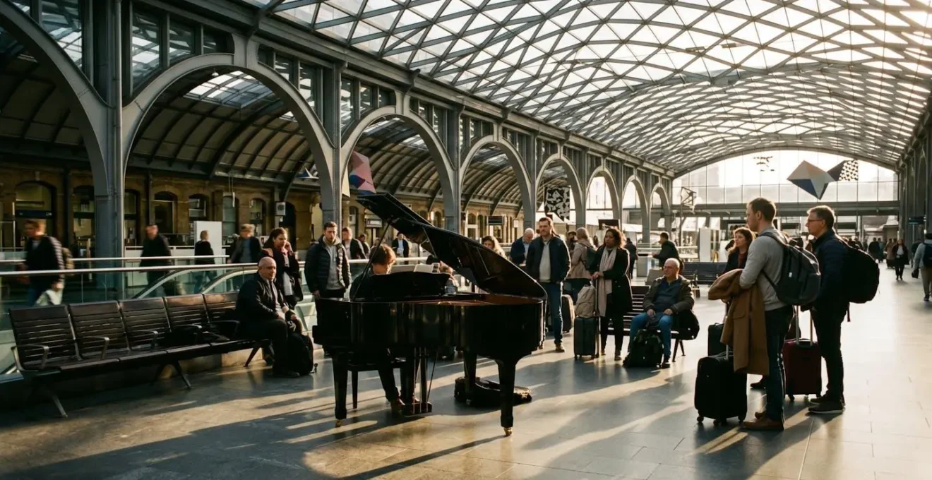 Piano à queue dans le hall moderne de la gare avec voyageurs écoutant un musicien amateur jouer