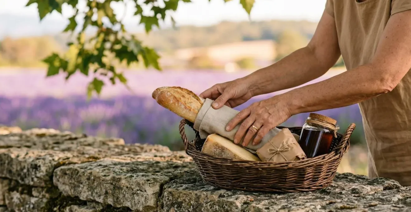 Panier de pique-nique posé sur un muret de pierre avec des champs de lavande en arrière-plan flou