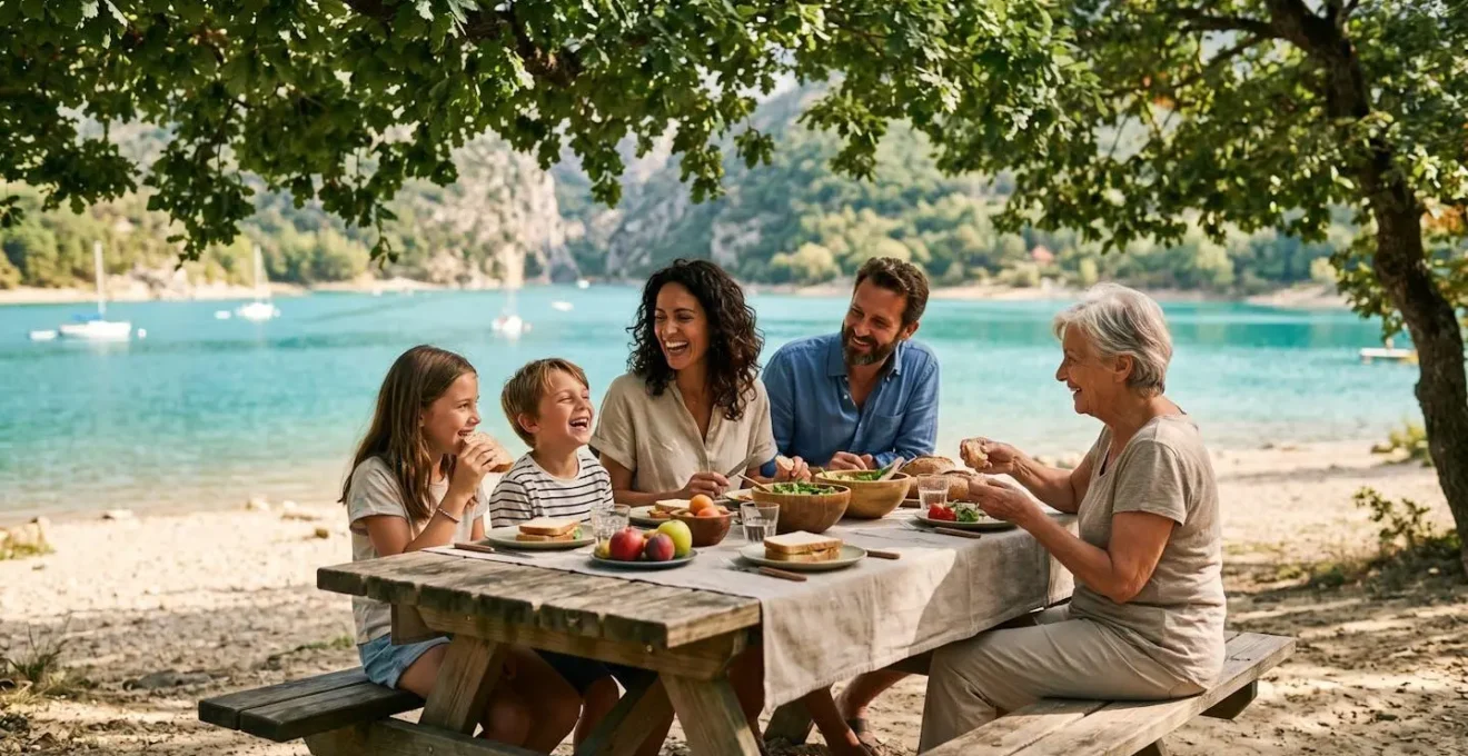 Plage ombragée de Bauduen avec tables de pique-nique sous les chênes verts centenaires, vue sur le lac turquoise