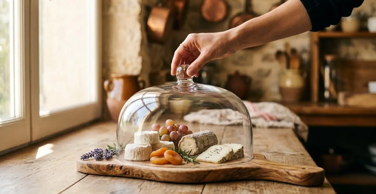 Plateau de fromages provençaux sous cloche en verre sur table en bois rustique