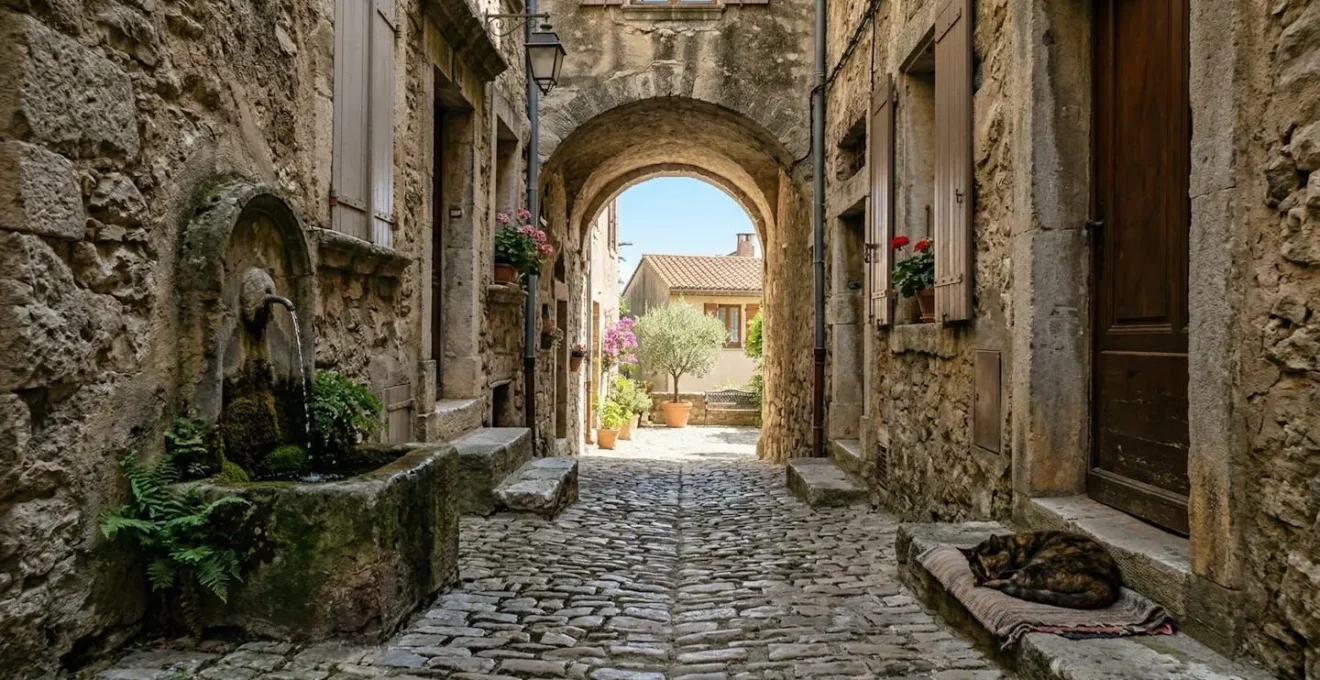 Ruelle tranquille de Lourmarin avec fontaine cachée et passage voûté, ambiance paisible