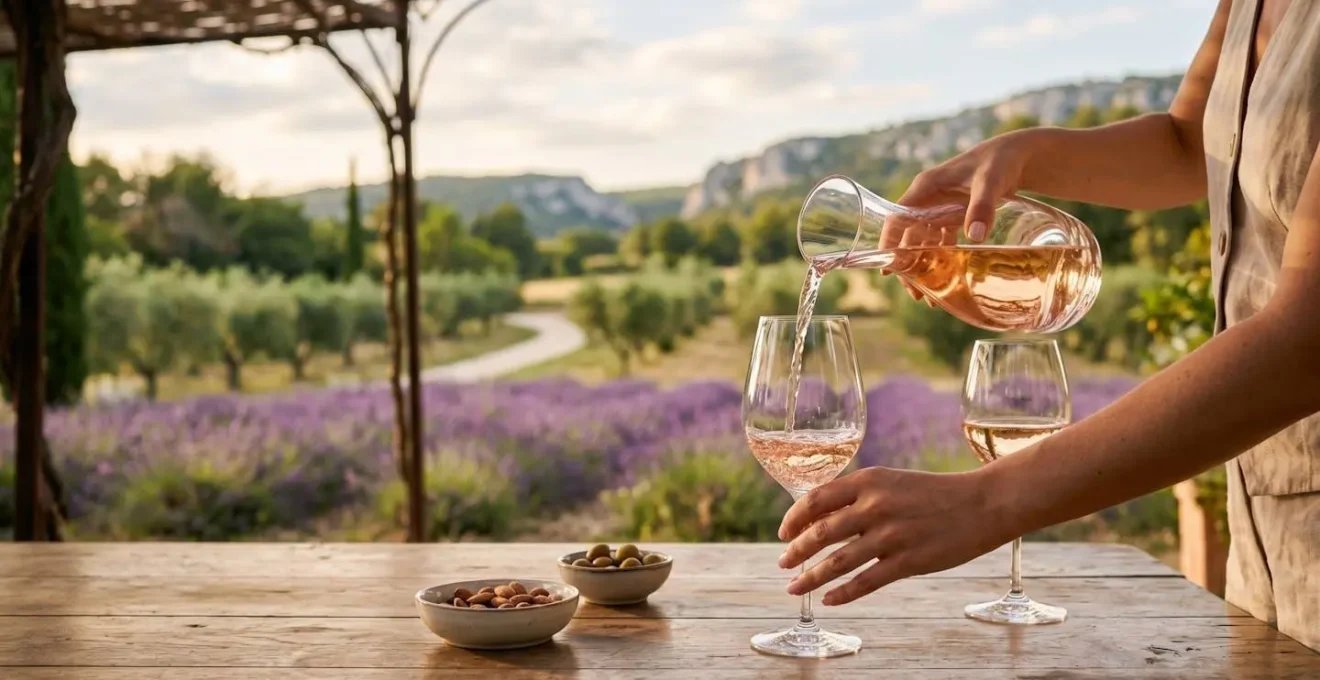 Scène élégante de service du rosé sur une terrasse provençale avec carafe et verres sans glaçons