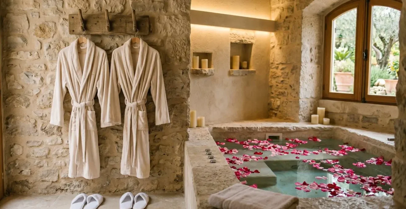 Suite spa privative avec jacuzzi en pierre naturelle, ambiance tamisée aux chandelles, vue sur jardin méditerranéen