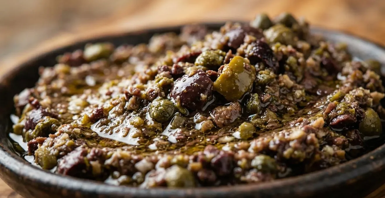 Gros plan sur une tapenade artisanale montrant la texture granuleuse avec morceaux d'olives et câpres visibles