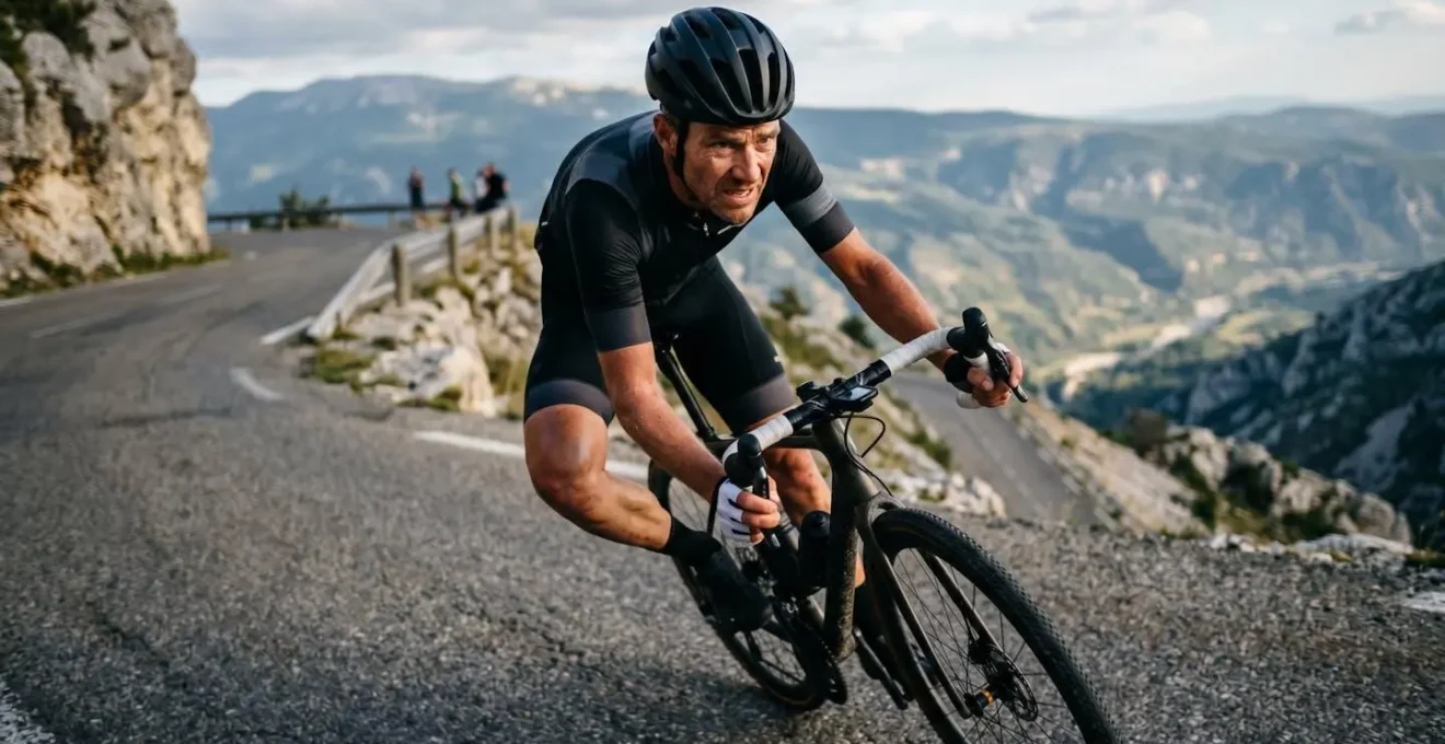 Vue aérienne d'un cycliste négociant un virage en épingle près du Chalet Reynard