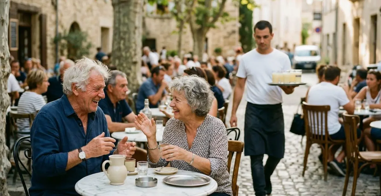 Terrasse de café provençal avec clients attablés sous les platanes, lumière dorée de fin d'après-midi