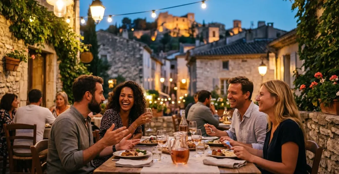 Terrasse de restaurant provençal au crépuscule avec vue sur la colline Saint-Eutrope