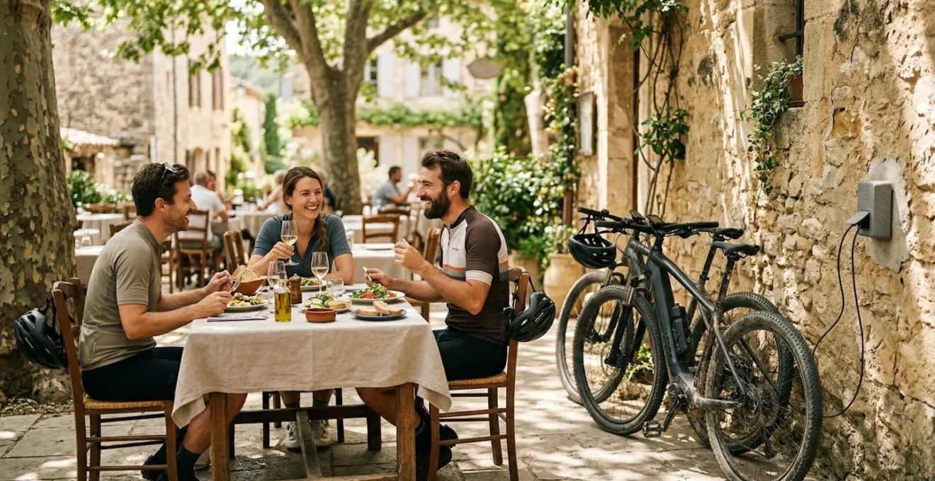 Terrasse ombragée de restaurant provençal avec borne de recharge discrète et vélos électriques garés