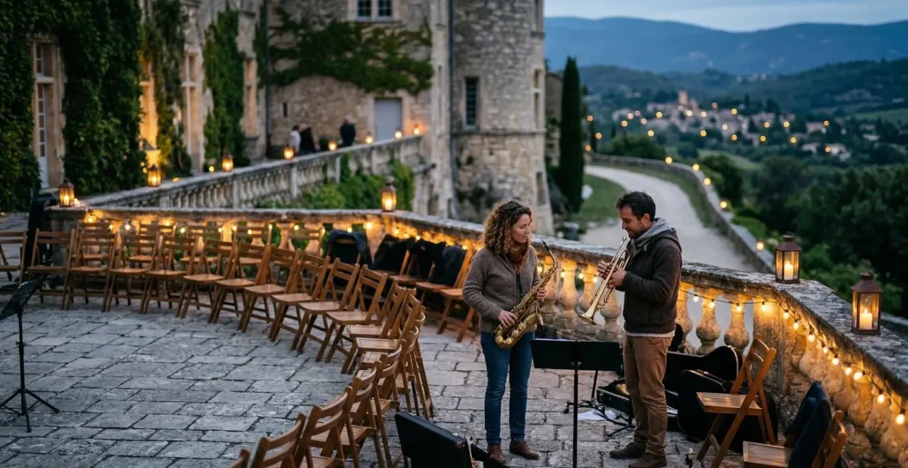 Terrasses du château de Lourmarin aménagées pour un concert avec vue sur le Luberon au crépuscule