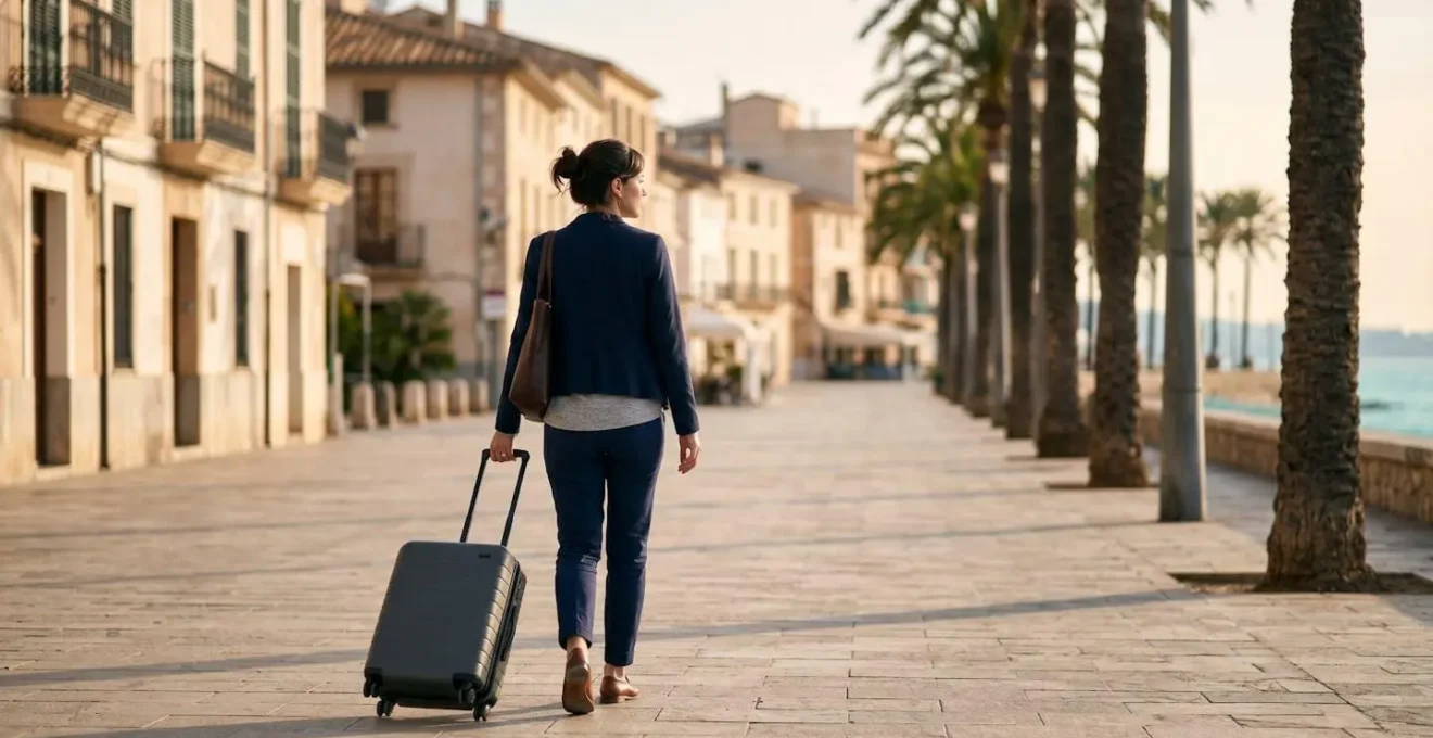 Voyageur avec valise marchant le long d'une promenade méditerranéenne ensoleillée