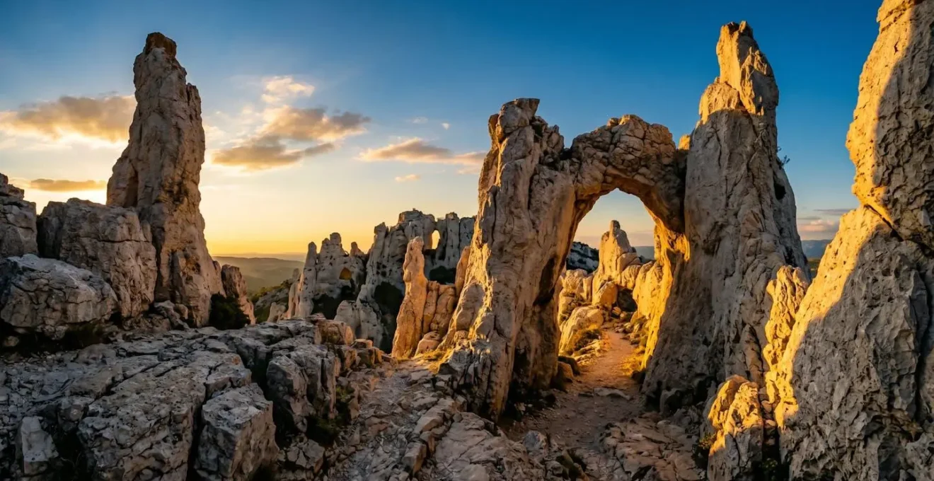 Formations rocheuses spectaculaires du Val d'Enfer baignées de lumière dorée