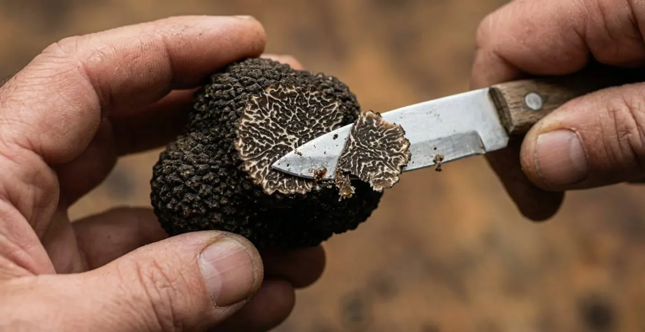 Main tenant délicatement une truffe noire avec entaille révélant le veinage blanc caractéristique