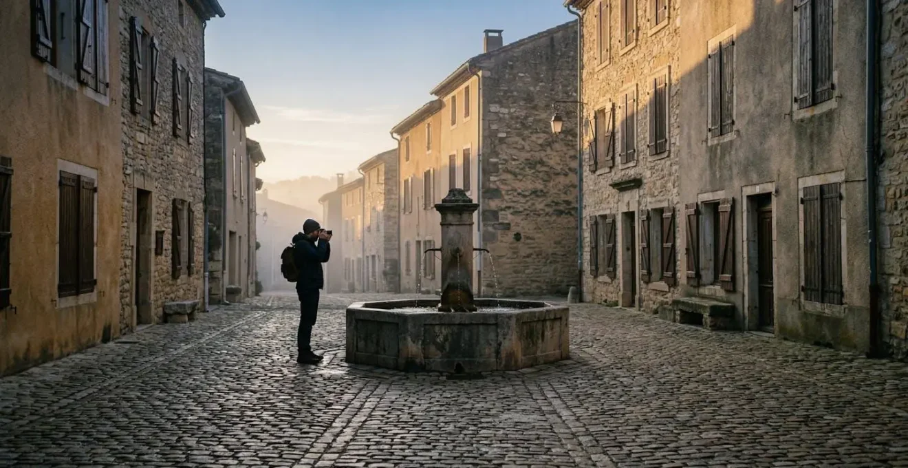 Place de village provençal déserte au petit matin avec ombres longues sur les pavés