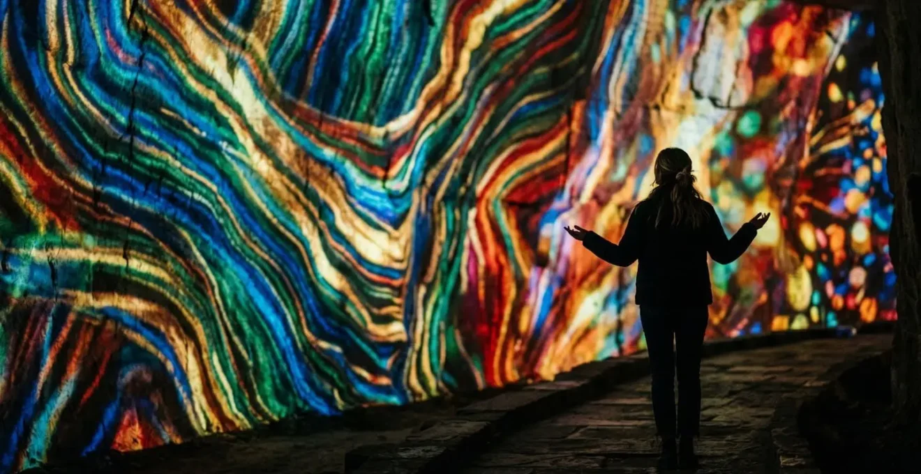 Silhouette d'un visiteur face aux projections monumentales dans les Carrières de Lumières