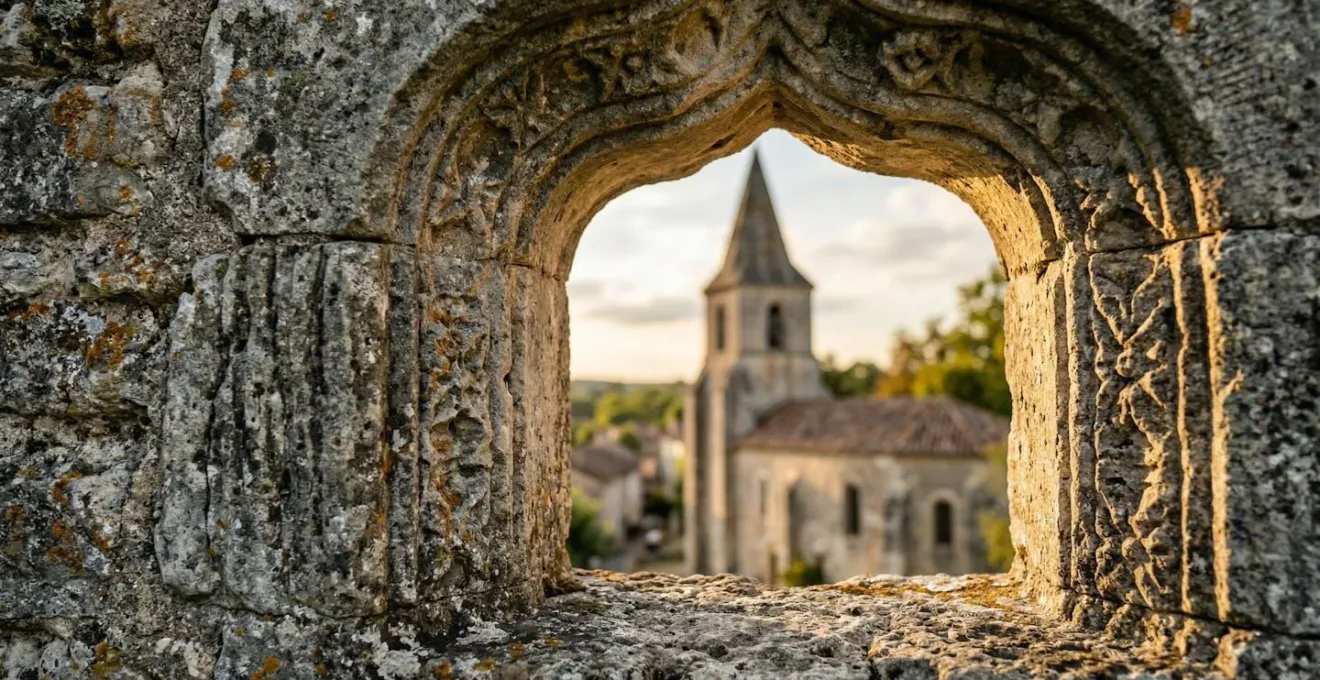 Vue du clocher de Lourmarin encadré par une fenêtre Renaissance du château