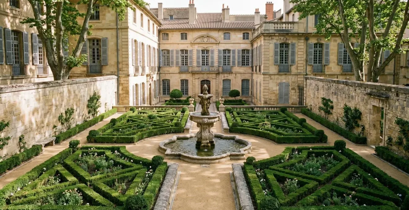 Jardin intérieur verdoyant d'un hôtel particulier avec fontaine baroque